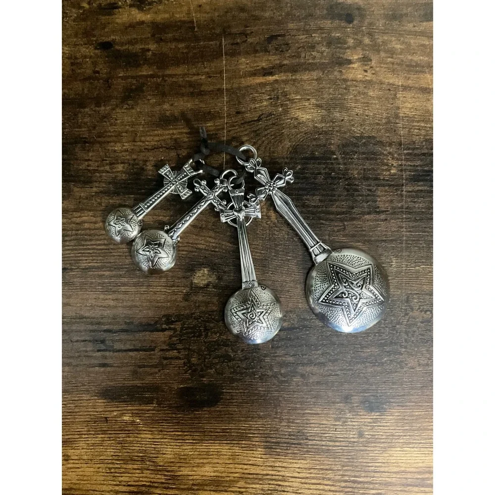 Faith Love Hope Joy Cross Measuring Spoon Set Pewter Tone Metal 4 Piece Kitchen